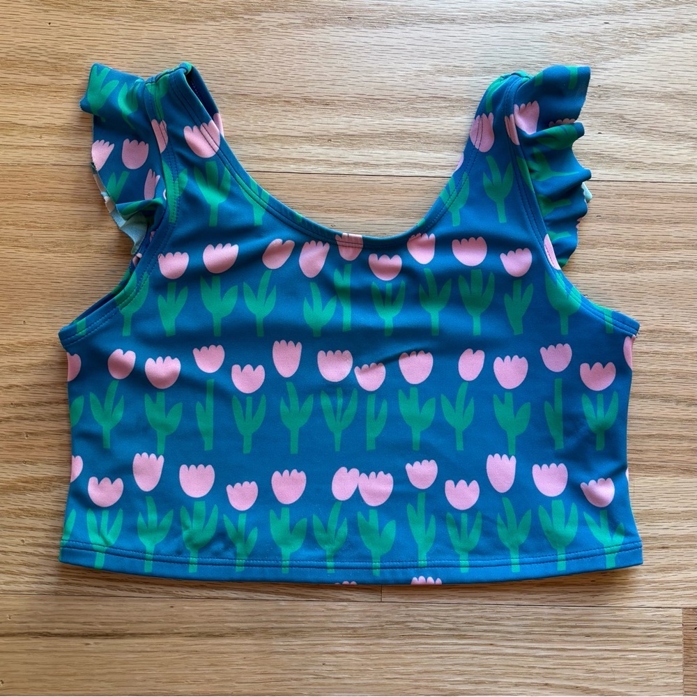 Hanna Andersson Blue Pink Tulip Print Swimsuit Bikini Top Only Girl Size 12